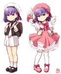  1girl artist_logo backpack bag black_footwear black_shirt cardcaptor_sakura commentary_request cosplay dated dress empty_eyes fate/zero fate_(series) full_body fuuin_no_tsue gloves hat highres kanon_(kurogane_knights) kinomoto_sakura kinomoto_sakura_(cosplay) looking_at_viewer magical_girl mary_janes matou_sakura namesake necktie pleated_skirt puffy_sleeves purple_hair red_dress red_footwear red_headwear sailor_collar sailor_hat school_uniform serafuku shirt shoes short_hair short_sleeves simple_background skirt socks thigh-highs tomoeda_elementary_school_uniform variations violet_eyes wand white_background white_gloves white_headwear white_legwear white_neckwear white_sailor_collar white_shirt white_skirt wings younger 