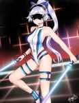  1girl bare_shoulders blue_bow blue_swimsuit bow breasts collarbone competition_swimsuit dated dual_wielding energy_sword fate/grand_order fate_(series) goggles hair_bow head_mounted_display headphones headset highleg highleg_swimsuit highres holding holding_sword holding_weapon long_hair medium_breasts microphone multicolored multicolored_clothes multicolored_swimsuit one-piece_swimsuit ponytail sandals signature silver_hair solo striped_wristband swimsuit sword thigh_strap tomoe_gozen_(fate/grand_order) tomoe_gozen_(swimsuit_saber)_(fate) very_long_hair virtual_reality weapon white_swimsuit yayanri 