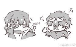  1boy 1girl annoyed artist_name commentary_request cropped_torso dated english_text girls'_frontline_neural_cloud greyscale hair_between_eyes hatsuchiri_(neural_cloud) johnjohn_(johnjohn_1028) long_hair monochrome no_eyes no_mouth open_mouth short_hair simple_background sueyoi_(neural_cloud) v white_background 