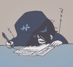  1boy baseball_cap black_hair blue_hat blue_shirt hands_up hat holding holding_pen limbus_company long_sleeves pages pen project_moon shirt simple_background sleeping solo unitaroukun w_corp._(identity)_(project_moon) white_background writing yi_sang_(project_moon) 