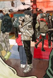  annie_leonhart bertolt_hoover black_hair black_jacket boots commentary_request earrings eren_yeager glasses green_hair highres hood hoodie jacket jewelry jujutsu_kaisen kimetsu_no_yaiba long_hair looking_at_viewer mikasa_ackerman panda_(jujutsu_kaisen) ponytail profile red_eyes red_hoodie red_scarf reiner_braun ring scarf shingeki_no_kyojin shoes short_hair single_sidelock smile sneakers takeuchi_ryousuke thigh_boots train train_station_platform uzui_tengen very_long_hair white_hair zen&#039;in_maki 