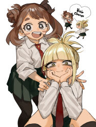  2girls :d alternate_hairstyle arm_up bags_under_eyes bent_over black_socks black_thighhighs blonde_hair blunt_bangs blush blush_stickers boku_no_hero_academia bright_pupils brown_eyes brown_hair chibi chibi_inset closed_mouth double_bun elbow_rest elbows_on_knees english_text eyelashes fang folded_hair from_behind green_skirt hair_bun hair_ornament hairclip hairstyle_switch hand_up hands_on_another&#039;s_shoulders hands_on_own_chin head_rest head_tilt heart highres hikimayu horie_(hp4130) kneehighs knees_up long_sleeves looking_at_viewer looking_to_the_side looking_up loose_hair_strand messy_hair multiple_girls necktie on_ground open_mouth outstretched_arms own_hands_together pleated_skirt red_necktie round_teeth school_uniform short_eyebrows sidelocks sitting skin_fang skirt sleeves_rolled_up slit_pupils smile socks standing teeth thick_eyebrows thigh-highs tie_clip toga_himiko u.a._school_uniform upper_teeth_only uraraka_ochako w_arms white_pupils yellow_eyes 