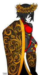 android bikini black_hair breasts cape colored_skin elster_(signalis) floral_print gold_circlet highleg highleg_bikini highres joints long_bangs looking_to_the_side ltstry medium_breasts no_nipples ornate_clothes ornate_pattern robot_joints short_hair signalis simple_background swimsuit thigh-highs white_background white_skin 