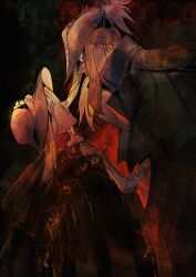  2girls ascot blonde_hair bloodborne bonnet cape cloak coat doll_joints drenched-in-sunlight dress gem gloves hat hat_feather highres joints lady_maria_of_the_astral_clocktower long_hair multiple_girls plain_doll ponytail swept_bangs tears tricorne white_hair 