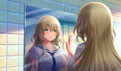  1girl blonde_hair blue_necktie blurry cinderella_series depth_of_field game_cg green_eyes hachigatsu_no_cinderella_nine highres long_hair looking_at_mirror mirror necktie non-web_source nozaki_yuuki official_art parted_lips reflection reflection_focus sailor_collar school_uniform serafuku shirt short_sleeves solo tile_wall tiles upper_body white_sailor_collar white_shirt 