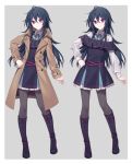  1girl ahoge black_hair boots commentary_request dress eyebrows_visible_through_hair grey_background hair_between_eyes hijiri_(resetter) knee_boots long_hair long_sleeves looking_at_viewer multiple_views original pantyhose simple_background smile trench_coat violet_eyes 