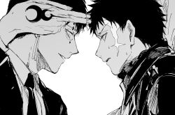  21g_yaseru 2boys collared_shirt double_finger_gun earrings eye_contact faceoff facial_mark finger_gun finger_gun_to_head fingernails formal from_side greyscale highres jacket jewelry kagurabachi long_sleeves looking_at_another male_focus mark_under_eye monochrome multiple_boys necktie parted_lips pointing pointing_at_another portrait profile rokuhira_chihiro scar scar_on_face shirt short_hair simple_background suit sweat sweater teeth turtleneck turtleneck_sweater white_background yura_(kagurabachi) 