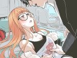  1boy 1girl amamiya_ren asutora bangs black-framed_eyewear blunt_bangs blush brown_hair collarbone eyebrows_visible_through_hair glasses headphones headphones_removed heavy_breathing hetero long_hair looking_at_another lying on_back open_mouth orange_hair persona persona_5 sakura_futaba 