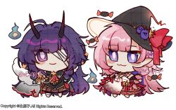  2girls :3 absurdres alternate_costume bandage_over_one_eye bandaged_leg bandages bilizinger black_horns black_shirt black_skirt blue_eyes candy cape chibi chibi_only dress elf elysia_(honkai_impact) elysia_(miss_pink_elf)_(honkai_impact) food fur-trimmed_cape fur_trim halloween_costume hat highres honkai_(series) honkai_impact_3rd horns long_hair multiple_girls pink_dress pink_hair pleated_skirt pointy_ears purple_hair raiden_mei raiden_mei_(herrscher_of_thunder) shirt simple_background skirt smile violet_eyes white_background witch_hat 