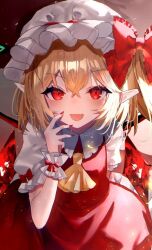  1girl ascot blonde_hair blush cropped crystal flandre_scarlet hat hat_ribbon long_hair looking_at_viewer mob_cap multicolored_wings open_mouth pointy_ears red_eyes red_nails red_skirt red_vest ribbon sakizaki_saki-p shirt short_hair short_sleeves side_ponytail skirt skirt_set smile solo touhou vest white_hat wings wrist_cuffs yellow_ascot 