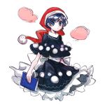  1girl bangs black_dress black_sleeves blue_eyes blue_hair book closed_mouth doremy_sweet dress eyebrows_visible_through_hair frills hat highres hiroshige_36 pom_pom_(clothes) red_headwear short_hair short_sleeves simple_background solo touhou white_background 