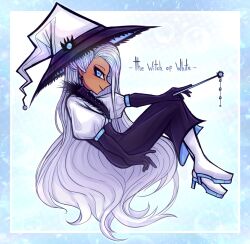  1girl black_gloves blue_eyes dress english_text from_side full_body gloves hat linterteatime long_hair looking_at_viewer original solo very_long_hair wand white_footwear white_hair witch witch_hat 