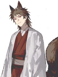  1boy absurdres alternate_costume animal_ears brown_hair closed_mouth coat fox_boy fox_ears fox_tail grey_sash harada_minoru highres iuew japanese_clothes kemonomimi_mode kimono long_sleeves male_focus obi open_clothes open_coat red_eyes red_kimono saibou_shinkyoku sash short_hair simple_background smile solo tail upper_body white_background white_coat 