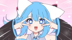  +_+ 1girl :3 animal_ear_fluff animal_ears blue_eyes blue_hair cosplay double_v english_commentary fangs highres indie_virtual_youtuber light_blush meme miku_miku_beaaaam!!_(meme) pale_skin pink_background short_twintails starry_background twintails v virtual_youtuber wolfychu wolfychu_(artist) 