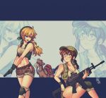  2girls assault_rifle blonde_hair breasts brown_eyes brown_hair camel collaboration dy_lee fio_germi glasses gun handgun highres holding holding_gun holding_weapon kasamoto_eri korean_commentary large_breasts looking_down looking_up marron_oxo medium_breasts metal_slug midriff multiple_girls navel open_mouth pistol rifle sweat weapon zoom_layer 