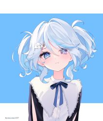  1girl :t alternate_costume alternate_hairstyle blue_eyes blue_hair blush capelet cinnamoroll closed_mouth furina_(genshin_impact) genshin_impact hair_between_eyes hair_ornament heterochromia highres long_sleeves looking_at_viewer medium_hair multicolored_hair pomepome1207 sanrio shirt solo streaked_hair twintails white_capelet white_hair white_shirt 