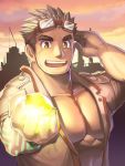  1boy abs bara brown_hair chest glowing goggles goggles_on_head kurogane_(tokyo_houkago_summoners) male_focus muscle open_clothes pectorals short_hair sky solo thick_eyebrows tokyo_houkago_summoners upper_body waku_(ayamix) yellow_eyes 
