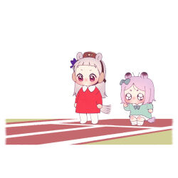  2girls animal_ears blunt_bangs chibi chibi_only ggubii0225 gold_ship_(umamusume) grey_hair highres horse_ears horse_girl horse_tail long_hair long_sleeves mejiro_mcqueen_(umamusume) multiple_girls pink_eyes purple_hair racetrack red_shirt shirt short_hair simple_background standing tail umamusume white_background 