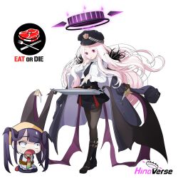  2girls absurdres apron black_hair black_halo blue_archive boots bound chibi chibi_inset coat collared_shirt cosplay demon_girl demon_horns demon_wings eating english_text food fur_collar fuuka_(blue_archive) halo haruna_(blue_archive) haruna_(blue_archive)_(cosplay) hat head_scarf high-waist_skirt highres hina_(blue_archive) horns koflif long_hair military_hat multiple_girls necktie off-shoulder_coat off_shoulder pantyhose pleated_skirt purple_halo shirt skirt steak tied_up_(nonsexual) tray very_long_hair violet_eyes white_hair wings 