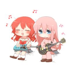  2girls :d beamed_eighth_notes blue_eyes blush bocchi_the_rock! bow brown_footwear chibi closed_eyes closed_mouth eighth_note electric_guitar gotoh_hitori grey_skirt guitar holding holding_instrument instrument jacket kita_ikuyo long_hair long_sleeves multiple_girls musical_note one_side_up pants pants_under_skirt pink_hair pink_jacket pink_pants pleated_skirt rebecca_(keinelove) red_bow redhead sailor_collar school_uniform serafuku shirt shoes simple_background sitting skirt smile socks track_jacket track_pants track_suit very_long_hair white_background white_sailor_collar white_shirt white_socks 