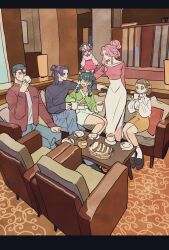  2boys 4girls black_sweater brown_hair commentary_request couch crossed_legs cup earrings gaoshun_(kusuriya_no_hitorigoto) gyokuyou_(kusuriya_no_hitorigoto) hair_bun half_updo hat high-waist_skirt highres holding holding_cup indoors jewelry jinshi_(kusuriya_no_hitorigoto) kusuriya_no_hitorigoto letterboxed lishu_(kusuriya_no_hitorigoto) long_skirt long_sleeves maomao_(kusuriya_no_hitorigoto) multiple_boys multiple_girls on_couch open_mouth pink_hair ponytail sidelocks skirt sweatdrop sweater takeuchi_ryousuke xiaolan_(kusuriya_no_hitorigoto) 