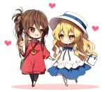  2girls :3 alternate_costume alternate_eye_color bag black_pants blonde_hair blue_neckwear blue_skirt blush bow bowtie braid brown_eyes brown_hair capri_pants chibi commentary_request contemporary crepe eyebrows_visible_through_hair food hair_between_eyes hair_tubes hakurei_reimu handbag hat heart holding holding_food holding_hands jewelry kirisame_marisa long_hair long_sleeves looking_at_another multiple_girls off-shoulder_shirt off_shoulder pants partial_commentary pendant petticoat piyokichi ponytail puffy_short_sleeves puffy_sleeves red_eyes red_shirt shirt short_sleeves sidelocks simple_background single_braid sketch skirt smile touhou very_long_hair walking white_background white_headwear white_shirt yuri 