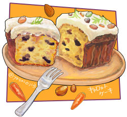  absurdres almond cake carrot food food_focus fork fruitcake highres icing no_humans original still_life yasaioji3 