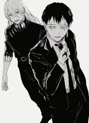 21g_yaseru 2boys adjusting_clothes adjusting_necktie behind_another belt_buckle buckle collared_shirt double-parted_bangs dutch_angle earrings facial_mark feet_out_of_frame formal greyscale hair_between_eyes high_collar highres hirohiko_(kagurabachi) jacket jewelry kagurabachi long_hair long_sleeves looking_at_viewer male_focus mark_under_both_eyes monochrome multiple_boys necktie open_hand open_mouth pants parted_lips ringed_eyes shirt shoes short_hair simple_background sleeves_past_elbows standing suit suit_jacket white_background yura_(kagurabachi) 