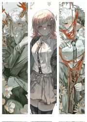  1girl 2boys backpack bag blush breasts brown_hair brown_skirt collared_shirt danganronpa_(series) danganronpa_2:_goodbye_despair flipped_hair galaga hair_ornament highres hinata_hajime hinata_hajime_(awakened) hood jacket komaeda_nagito ku_(covin_tan) long_sleeves looking_at_viewer medium_hair multiple_boys nanami_chiaki neck_ribbon necktie open_clothes open_jacket pants pink_eyes pink_ribbon pleated_skirt pointing pointing_at_viewer ribbon shirt shirt_tucked_in skirt strap_pull thigh-highs two-tone_shirt white_shirt 