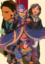  1boy 2girls artist_name black_hair black_robe blue_hair brown_eyes collared_shirt commentary_request featciren freckles green_eyes green_necktie highres hogwarts_legacy hogwarts_school_uniform holding holding_wand hufflepuff long_hair magic multiple_girls necktie open_clothes open_robe poppy_sweeting protagonist_(hogwarts_legacy) robe school_uniform sebastian_sallow shirt short_hair slytherin wand white_shirt wizarding_world yellow_necktie 