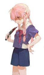  1girl baifeidaiwang blood blood_on_knife blue_shirt blue_skirt closed_mouth cowboy_shot crying crying_with_eyes_open from_side gasai_yuno hair_ribbon hand_on_own_hip highres holding holding_knife kitchen_knife knife long_hair mirai_nikki pink_eyes pink_hair ponytail red_ribbon ribbon sailor_collar shirt short_sleeves sidelocks simple_background skirt solo standing tears white_background white_sailor_collar 