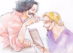  2boys abunaideka beard black_hair blonde_hair book commentary_request eye_contact facial_hair gol_d._roger hair_slicked_back highres holding holding_book looking_at_another male_focus multiple_boys mustache one_piece painting_(medium) pink_shirt profile purple_shirt shirt short_hair silvers_rayleigh smile traditional_media upper_body watercolor_(medium) 