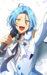  10gerine 1boy :d anime_coloring arm_up bishounen bloom blue_hair blurry brooch buttons cape confetti curtained_hair depth_of_field diamond_button ensemble_stars! flower_pin fur_cape gold_trim hair_between_eyes hand_up happy highres holding holding_microphone jacket jewelry lapel_pin long_sleeves male_focus medium_hair microphone neck_ribbon open_mouth ribbon side_cape smile solo star_brooch teeth toggles tojo_kaname tongue upper_body upper_teeth_only white_background white_jacket yellow_eyes 