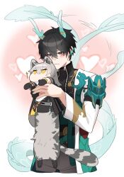  1boy 1girl 625light absurdres animal_ears animification black_gloves black_hair blush couple dan_heng_(honkai:_star_rail) dragon_horns gloves green_eyes grey_hair heart hetero highres honkai:_star_rail honkai_(series) horns raccoon_ears raccoon_girl raccoon_tail short_hair stelle_(honkai:_star_rail) tail trailblazer_(honkai:_star_rail) yellow_eyes 