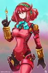  1girl aegis_(persona) android aqua_neckwear bangs breasts chest_jewel cowboy_shot fire fusion gradient gradient_background headphones highres joints mechanization medium_breasts narrow_waist persona persona_3 pyra_(xenoblade) pyrokinesis red_eyes redhead robot_joints short_hair solo stoic_seraphim swept_bangs twitter_username xenoblade_chronicles_(series) xenoblade_chronicles_2 