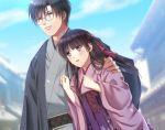  1boy 1girl black_hair blue_sky blurry blurry_background dating glasses hakama hand_on_shoulder izumi_(stardustalone) japanese_clothes kimono pink_kimono pink_ribbon renri_no_chigiri_wo_kimi_to_shiru ribbon sky violet_eyes wide_sleeves 