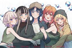  5girls absurdres ahoge aqua_eyes baseball_cap beanie black_choker black_hair black_hat blonde_hair blue_eyes blue_hair blunt_bangs blush brown_hat character_name choker commentary hat highres hime_cut hiodoshi_ao hololive hololive_dev_is hug ichijou_ririka juufuutei_raden light_brown_hair looking_at_viewer midriff mole mole_under_mouth multicolored_hair multiple_girls orange_eyes orange_hair otonose_kanade purple_hair red_eyes regloss_(hololive) streaked_hair todoroki_hajime tsukino_(nakajimaseiki) two-tone_hair upper_body violet_eyes wolf_cut 