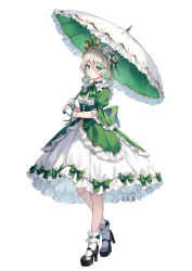  1girl artist_name bonnet cecilia_immergreen doll_joints dress frilled_dress frills gloves green_eyes green_ribbon hair_between_eyes highres holding holding_umbrella hololive hololive_english joints petticoat ribbon sebu_illust standing umbrella virtual_youtuber white_background white_gloves white_hair winding_key 