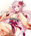  1girl commentary_request eyebrows_visible_through_hair hair_between_eyes hijiri_(resetter) japanese_clothes kimono long_hair looking_at_viewer open_mouth original pink_eyes pink_hair simple_background solo tongue white_background wings 