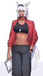  1girl alternate_costume animal_ears black_hairband black_sports_bra blue_eyes blunt_sidelocks body_markings breasts caenis_(fate) chest_tattoo clipboard cowboy_shot dark-skinned_female dark_skin dog_tags fate/grand_order fate_(series) grey_pants hair_intakes hair_over_shoulder hairband hand_in_pocket hand_on_own_chest high_ponytail highres holding holding_own_hair horse_ears jacket large_breasts long_hair looking_past_viewer midriff navel open_mouth pants ponytail red_jacket sabamori shirt sidelocks sleeves_pushed_up smile solo sports_bra stomach_tattoo tattoo watch watch white_hair 
