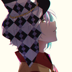  1boy aqua_hair black_hat checkered_clothes checkered_headwear commentary from_side hat hk_(wgyz7222) kamishiro_rui male_focus multicolored_hair official_alternate_costume parted_lips portrait project_sekai purple_hair short_hair simple_background solo two-tone_hair yellow_background yellow_eyes zenryoku!_wonder_halloween!_(project_sekai) 