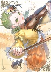  1girl blush bow_(music) drill_hair green_eyes green_hair hair_ornament highres holding holding_instrument holding_violin instrument kanaria looking_at_viewer open_mouth ouji_fashion rozen_maiden shima7_c shirt short_hair shorts smile solo twin_drills violin yellow_shirt 