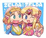  !? 2girls bangs blue_eyes braid character_name crown_braid forehead_jewel green_eyes hand_on_another&#039;s_shoulder highres long_hair looking_at_another looking_to_the_side multiple_girls one_eye_closed open_mouth parted_bangs pointy_ears princess_zelda rariatto_(ganguri) short_hair the_legend_of_zelda the_legend_of_zelda:_a_link_between_worlds the_legend_of_zelda:_breath_of_the_wild the_legend_of_zelda:_breath_of_the_wild_2 v 