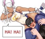  1boy 1girl animal_ears between_legs between_thighs boku_no_hero_academia breasts bunny_tail dark_skin defeat english_text gloves highres leg_lock leotard mask mipoog mirko open_mouth rabbit_ears red_eyes smile speech_bubble tail thigh-highs thighs 