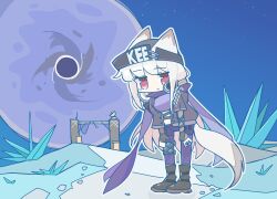  1girl animal_ears arknights black_hat black_jacket chibi closed_mouth clothes_writing commentary crystal expressionless eyes_visible_through_hair frostleaf_(arknights) full_body grey_hair grey_tail hat highres jacket keirono long_hair looking_at_viewer no_nose open_clothes open_jacket outdoors pink_eyes purple_scarf scarf solo standing star_(sky) tail very_long_hair 