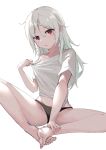  0shino 1girl albino barefoot black_panties butterfly_sitting feet highres hot long_hair looking_at_viewer no_pants off_shoulder original panties parted_lips red_eyes shirt shirt_tug short_sleeves simple_background solo sweat thighs tied_shirt underwear white_background white_hair white_shirt 