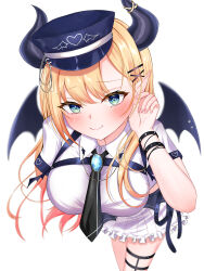  1girl absurdres aresiasitennou black_hat black_necktie blonde_hair blue_eyes blush collared_dress demon_girl demon_horns demon_wings dress hair_ornament hairpin hat highres hololive horns long_hair looking_at_viewer necktie official_alternate_costume smile solo thigh_strap virtual_youtuber white_dress wings x_hair_ornament yuzuki_choco yuzuki_choco_(8th_costume) 