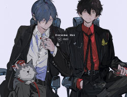  2boys alternate_costume amamiya_ren black_hair black_jacket black_nails black_necktie black_pants blue_hair chair character_name closed_eyes closed_mouth collared_shirt copyright_name dog ear_piercing hand_in_pocket highres jacket jewelry koromaru_(persona) long_sleeves looking_at_viewer male_focus multiple_boys multiple_rings nail_polish necktie ooc_(sylyaoh) open_clothes open_jacket pants persona persona_3 persona_5 piercing red_shirt ring shirt sitting white_shirt yuuki_makoto_(persona_3) 