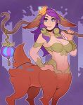  1girl absurdres animal_ears bangs bare_shoulders blue_hair blush brown_fur centauroid eyebrows_visible_through_hair flower hair_flower hair_ornament highres league_of_legends lillia_(league_of_legends) long_hair looking_at_viewer monster_girl multicolored_hair navel purple_hair smile solo splashbrush staff tail 