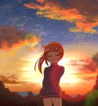  1girl backlighting bangs blue_sky brown_hair closed_eyes clouds cloudy_sky commentary eyebrows_visible_through_hair facing_viewer forest gradient_sky hands_in_pockets jacket lens_flare long_hair long_sleeves mountain nature open_mouth orange_sky outdoors ponytail saki saki_achiga-hen shibugaki sky smile solo standing sunset takakamo_shizuno track_jacket wind 